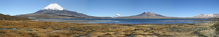 Vue panoramique du lac Chungara au Chili avec le Parinacota à gauche et le Nevado Sajama au centre en arrière plan.