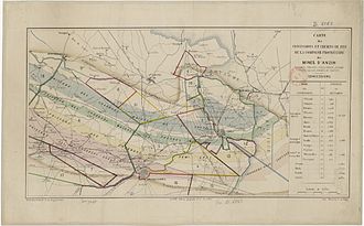 Pendant près de soixante-dix ans, seule la partie du bassin minier située entre Somain et Vieux-Condé était connue, correspondant principalement à la concession de la Compagnie des mines d'Anzin. Ici, la carte de la Compagnie en 1883.